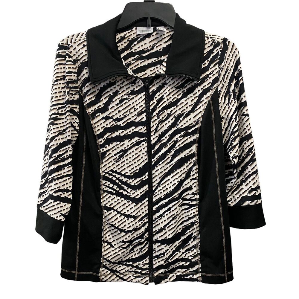 Chicos Zenergy Jacket Womens 0 US Medium Black White Full Zip 3/4 Sleeves